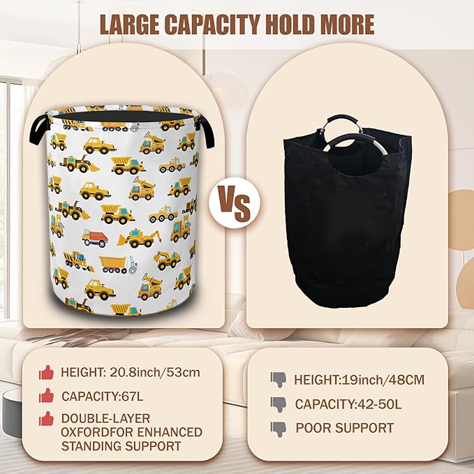 Construction Machines Laundry Hamper,Tractor Laundry Baskets,Waterproof Oxford Cloth Toy Storage for Bedroom,Bathroom,Nursery,16x20.8 Inch
