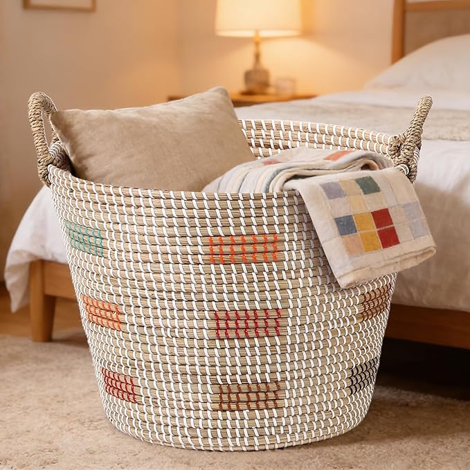 3 Pack Seagrass Storage Baskets for Organizing, Large Storage Bin with Handles, Woven Blanket Basket, Living Room Bedroom Laundry Room Home Decor for Toys Clothes Shoes Plant
