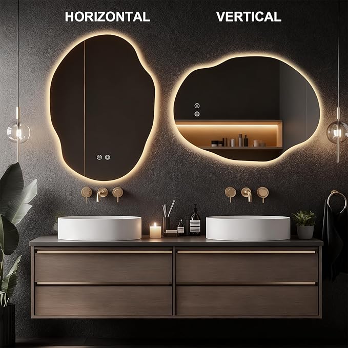 Asymmetrical Bathroom Mirror with Lights,Irregular LED Bathroom Vanity Mirror with Backlit,Anti-Fog,3 Colors and Dimmable Light with Memory,Hardwired Supported[Horizontal/Vertical] 35" H x 25" W