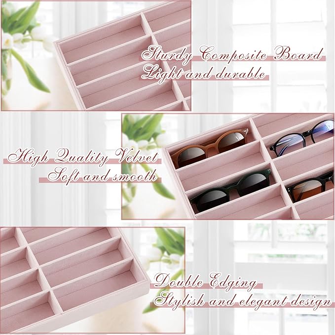 Amylove 2 Pcs Sunglass Organizer Trays Glasses Stackable Jewelry Trays Sunglass Organizer Display Box (18 Grids,Pink)