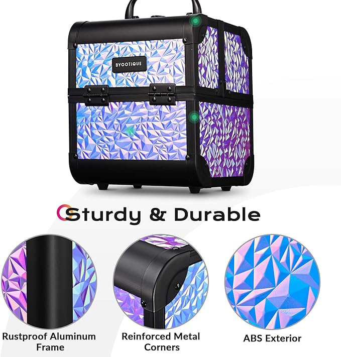 BYOOTIQUE Rolling Makeup Case on Wheels 3-Piece Lockable Cosmetology Organizer Kit Hair Tool Travel Bag for Lash Artist Nail Slon Beauty Studio Hairstylist Esthetician,Mermaid Purple