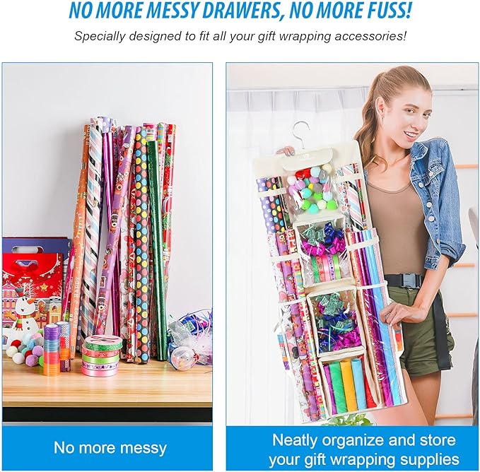 Freegrace Double Sided Hanging Gift Wrap Organizer | Large 16" x 41" Wrapping Paper Rolls Storage Bag | Tearproof & Space Saving Closet Gift Bag Organization Solution (Beige)
