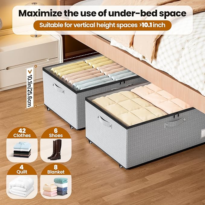 Underbed Storage with Wheels, 2 Pack Under Bed Storage Containers with Clear Lids, No Assembly Required 10.1 inch Rolling Under Bed Storage for Clothes, Grey