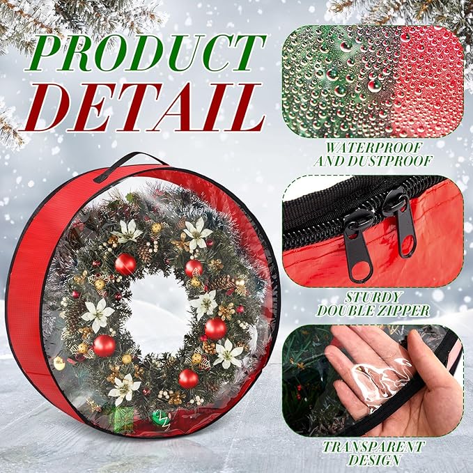 4 Pcs Christmas Wreath Storage Bag, Christmas Garland Storage Container with Clear Window, Zipper & Handle for Xmas Holiday Seasonal Wreath Garland Box(Red,30")
