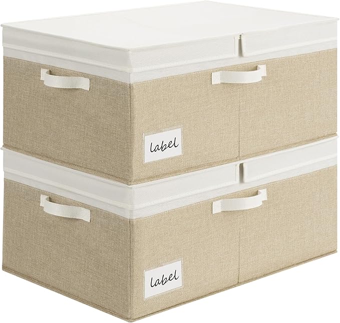 GRANNY SAYS Decorative Storage Boxes with Lid, Large Storage Bins with Double-Open Lid, Fabric Storage Bin for Clothes, 63L Closet Linen Storage Bin, White/Khaki