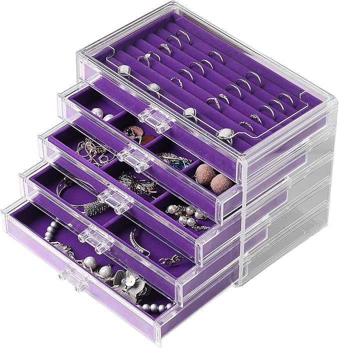 Frebeauty Extra Large Acrylic Jewelry Box for Women 5 Layers Clear Jewelry Organizer Velvet Earring Box with 5 Drawers Rings Display Case Necklaces Holder Tray for Women Girls(Purple)