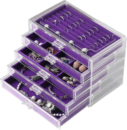 Frebeauty Extra Large Acrylic Jewelry Box for Women 5 Layers Clear Jewelry Organizer Velvet Earring Box with 5 Drawers Rings Display Case Necklaces Holder Tray for Women Girls(Purple)