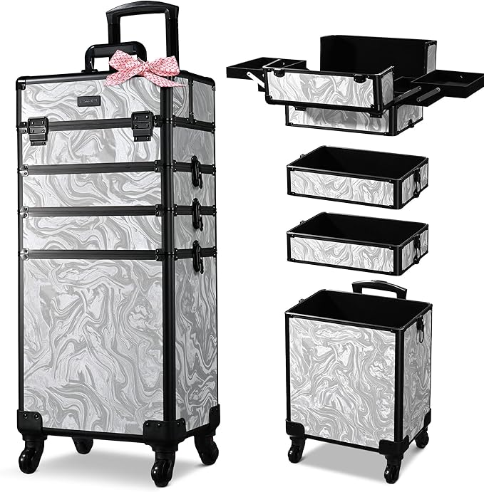 BYOOTIQUE Rolling Makeup Train Case on Wheels 3-Piece Hairdressing Brush Bags Cosmetology Organizer Kit Lockable Traveling Cart for Nail Tech Beauty Salon Barbershop,CTB Gray