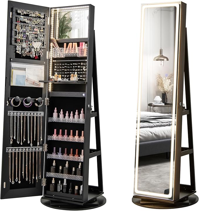 CHARMAID Swivel LED Mirror Jewelry Cabinet Armoire, Full Length Mirror with Storage, 3 Color & Adjustable Lights, Lockable Standing Jewelry Organizer with Lighted Mirror (Black)