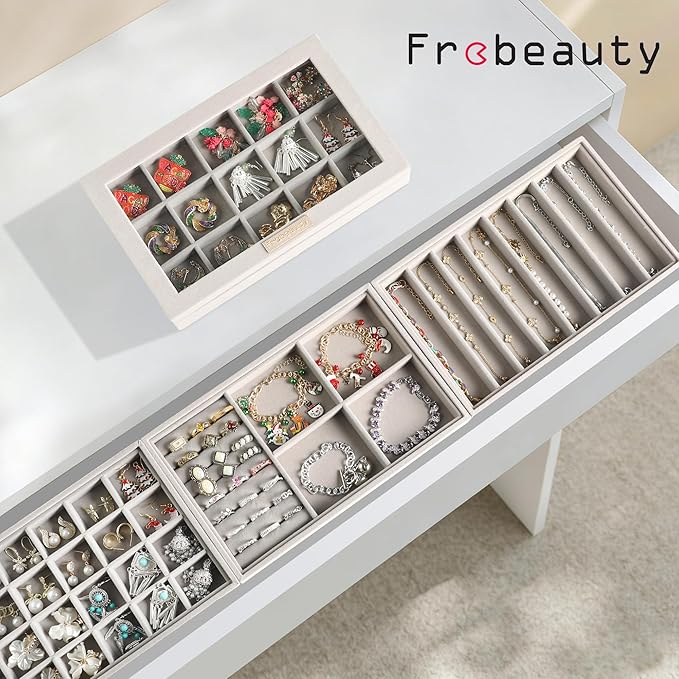Frebeauty Stackable Jewelry Trays,Velvet Jewelry Organizer for Drawer,5-in-1 Jewelry Storage Box with Lid,Vanity Jewelry Display for Earrings Necklaces Rings,10.5 x 6.5 x 5.55 Inches,Gift for Women