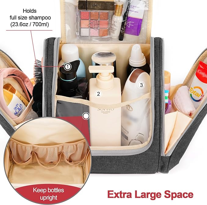 Hanging Toiletry Bag for Women & Men, Cruise Ship Travel Essentials, Holds Full Size Shampoo, with Dry and Wet Separation Cosmetic Bag, Makeup Organizer Bag, Bathroom Water-resistant Bag, Grey