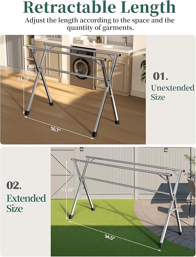 95 Inches Heavy - Duty Stainless Steel Folding Clothes Drying Rack Clothing Indoor Outdoor Anti-Rust 20 Windproof Hooks Portable & Foldable Laundry Rack (95'')