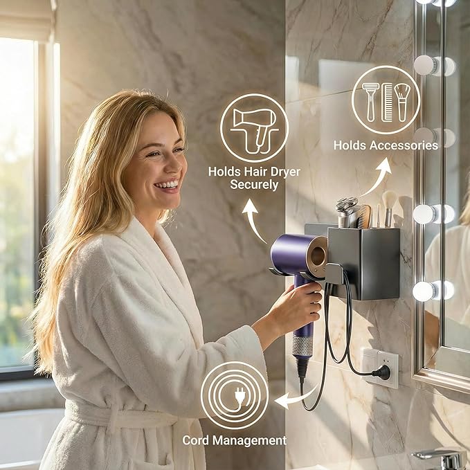 Hair Dryer Holder Wall Mounted, Blow Dryer Holder for Salon, Bedroom, Bathroom Storage, Multi-Functional Bathroom Wall Shelves Hair Tools Organizer for Hairdryers Hairbrush - No Drilling Needed