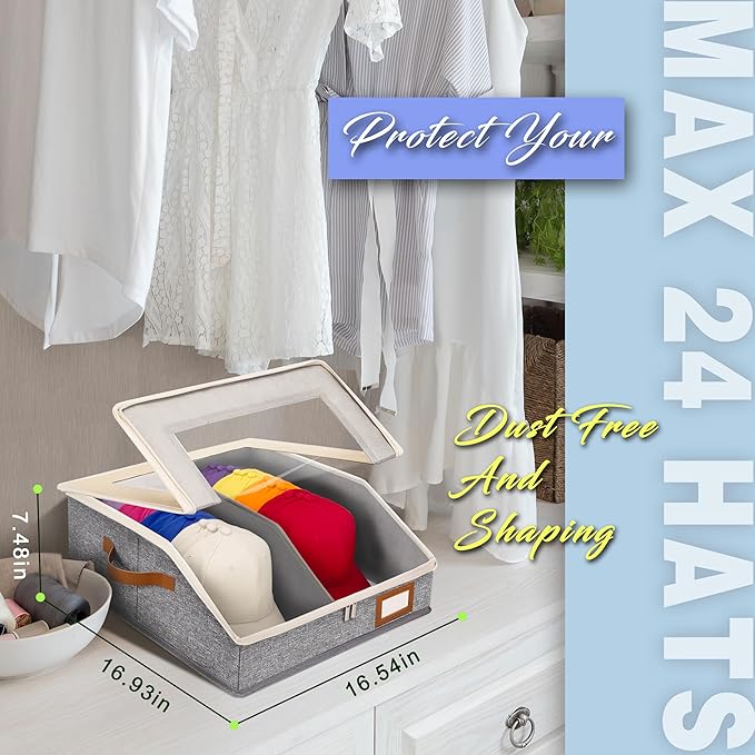 2-in-1 Hat Organizer for Baseball Caps Holds 24-30 Hats Holder for Closet with Clear lid Stackable Hat Storage with Adjustable Space Cowboy Hat Box for Men Women 1 PCS White and Grey