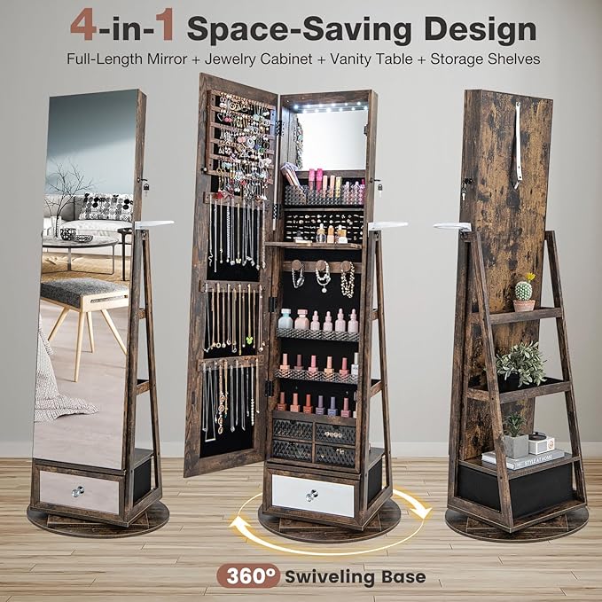 CHARMAID 360° Swivel Jewelry Cabinet Armoire 64.5" H, Full Length Mirror with Jewelry Storage, 6 LEDs Lockable Jewelry Organizer, Rear Storage Shelves, Large Drawer, Hairdryer Holder (Rustic Brown)