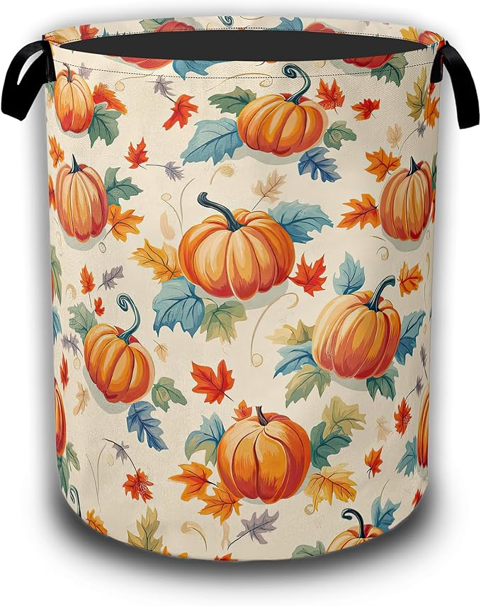 Thanksgiving day Laundry Baskets,Autumn Pumpkins Flowers Leaves Laundry Hamper,Storage Basket with Handles for Bathroom Bedroom College Dormitory Living Room Nursery Organizer 16"x20.8"