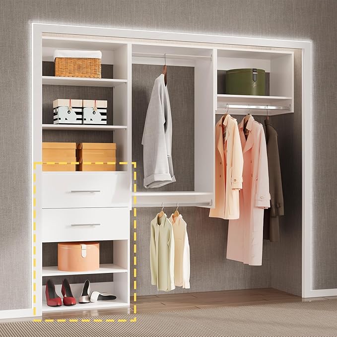 2 Drawer Short Tower Closet Unit, Modular Closet System, Wood Closet System Organizer with Storage for Walk In Closets, Clothing Rack Closet for Hanging Clothes, Bedroom, White, 19.5"W
