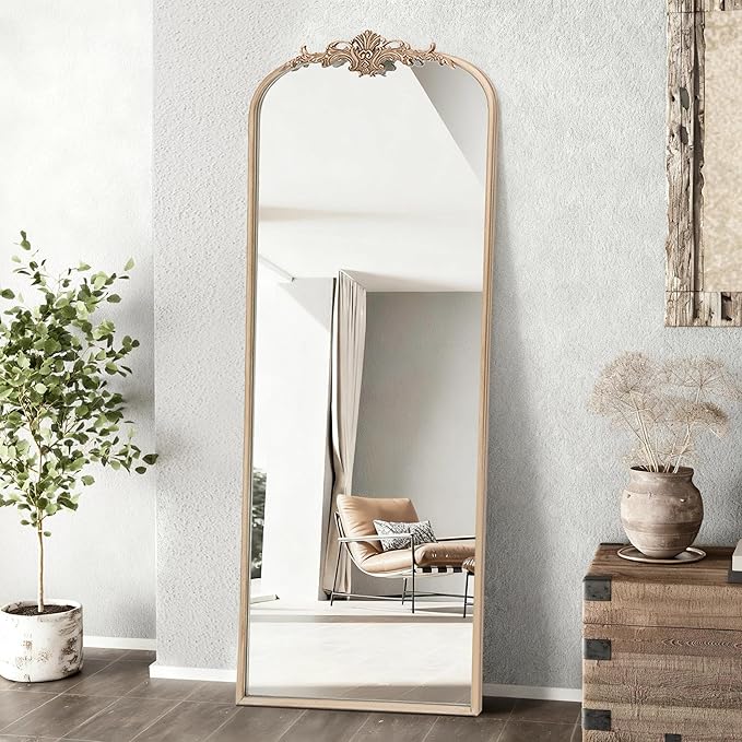 Besdomus Arched Mirror Full Length: 21"x56" Champagne Gold Vintage Full Body Mirror - Floor Antique Baroque Traditional Ornate for Entryway/Cloakroom/Bedroom - Home Decor for Fashion-Conscious
