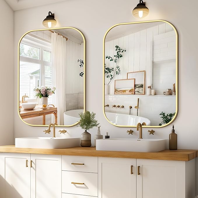FICTOR Bathroom Vanity Mirror for Wall, 2 Pack 28" x 40" Rectangle Bathroom Mirror for Over Sink, Metal Framed, Hangs Horizontally or Vertically(Gold)
