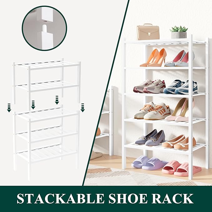 Smiry Bamboo Shoe Rack for Closet, 4 Tier Small Wooden Stackable Shoe Organizer, Free Standing Shoes Storage Shelf for Entryway, Front Door Entrance, White