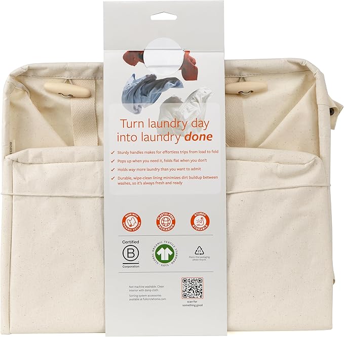 Full Circle Loads of Fun Collapsible Hamper – Laundry Basket for Dirty Clothes & Towels– Tall Standing Organic Cotton Laundry Bag with Long Handles - Ideal for Bathroom, Bedroom or Kids’ Room, Natural Large