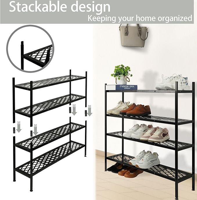 Shoe Rack, Expandable Shoes Organizer Metal Shelf Stand, 2 Tier Stackable Long Shoe Storage Holder For Closet, Floor, Entryway, Garage, Bedroom, Door Entrance For 12-18 Pairs, 45.6 inches Black