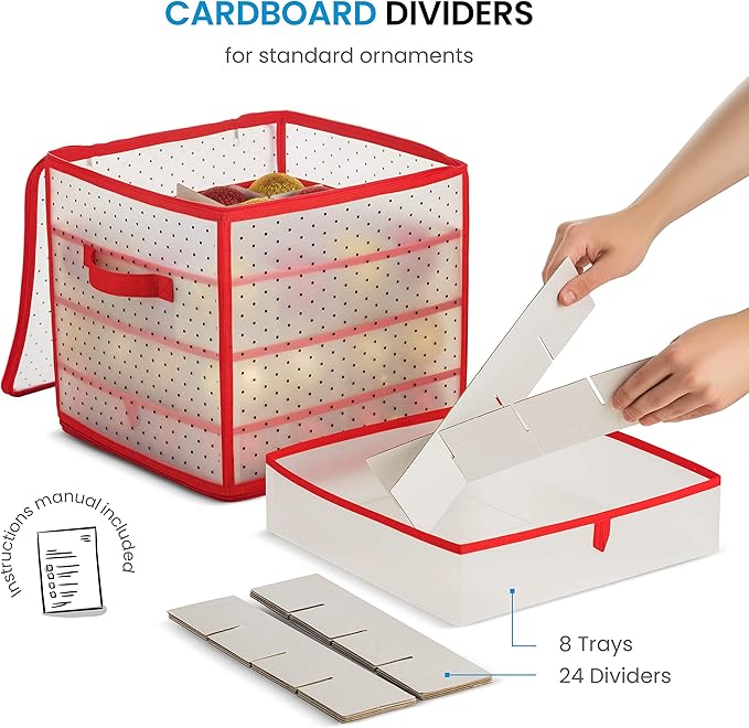 ZOBER Christmas Ornament Storage Box Plastic - Stores 64 3" Ornaments with Individual Trays - Ornament Organizer Storage Box, Durable Christmas Containers Holder - Red