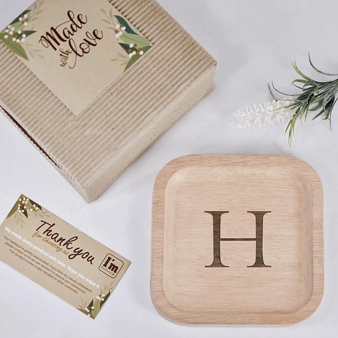 I'm Wooden Personalized Letter Catchall Valet Tray Trinket Dish Jewelry Tray Key Bowl Decorative Plate Organizing Ring Earrings Necklaces Bracelet Watch Coins Wallet Holder (6"x6" Sq Natural H)