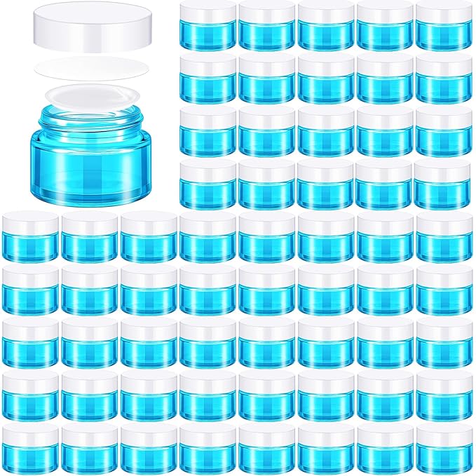 Domensi 60 Pcs 1oz Glass Jars with Lids Bulk Salve Tins Winter Cream Container Small Glass Candle Cosmetic Jars for Travel Lip Balm with Inner Liners for Lotion Sample Cream(Light Blue, White Lids)