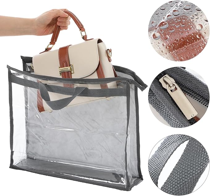 12 Pack Dust Bags for Handbags, Clear Handbag Storage Organizer for Closet, Purse Protector Storage Bag with Zipper and Handle, Hanging Dust Cover Bag for Handbags