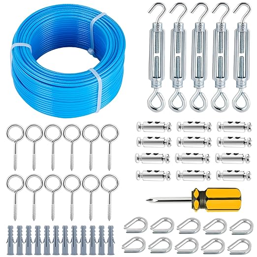 Turnbuckles for Cables Wires, 100Ft Blue PVC Coated Cable Kit, 7 × 7 Strands Core Wire Rope for Clothesline Wire for T Post/Grape Vine/String Light Hanging Kit