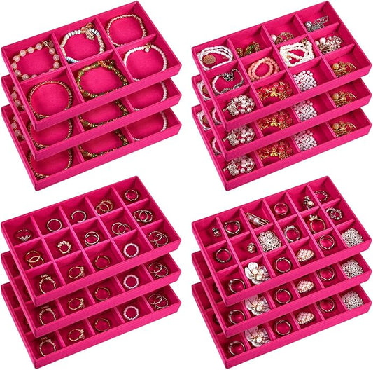 Junkin 12 Pcs Jewelry Tray Velvet Stackable Jewelry Organizer Trays Divided Earring Accessories Storage Containers Box (Rose Red)