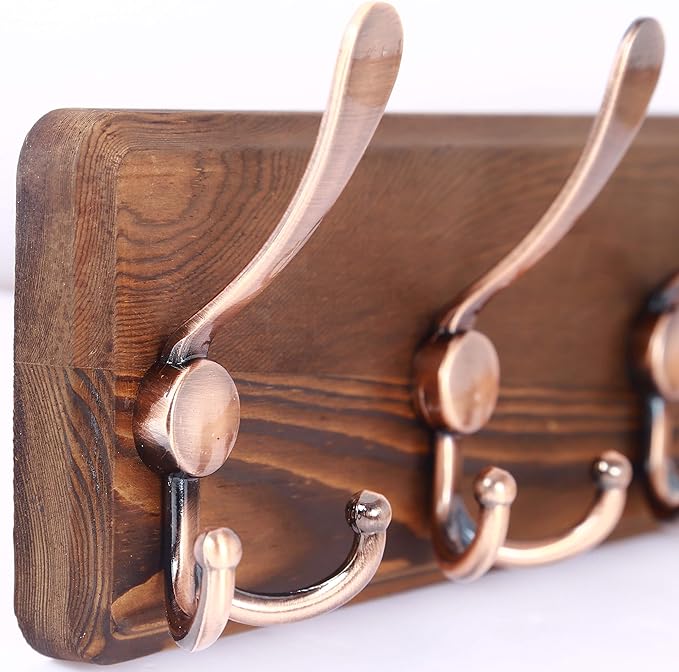 SKOLOO Coat Rack Wall Mounted - Pack of 2, Wooden, Heavy Duty, Rustic Coat Hooks for Wall, Wall Coat Rack with 5 Triple Hooks for Hanging Clothes, Jacket, Hat(Brown & Retro Red)