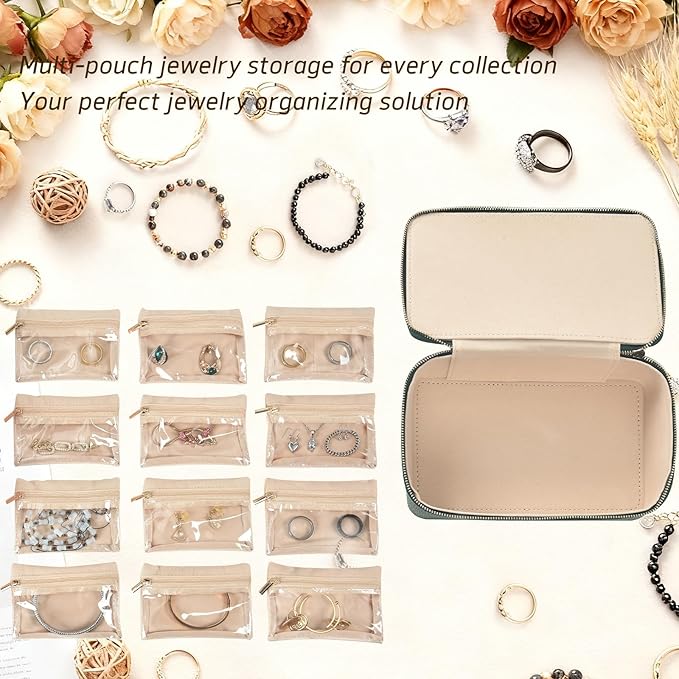 Travel Jewelry Box,Jewelry Travel Organizer for Women Girl,Travel Jewelry Case with 12pcs Velvet Jewelry Pouches for Necklaces Rings Earrings Sorting Storage（Black Green）