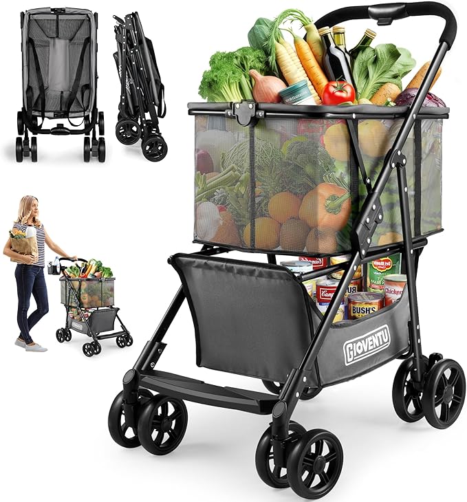 𝐍𝐞𝐰𝐥𝐲 𝐔𝐩𝐠𝐫𝐚𝐝𝐞𝐝 Folding Shopping Cart, 80lbs Collapsible Grocery cart with Removable Basket and 360° Swivel Wheels, Single-hand Fold, Portable Personal Stroller Shopping Cart for Groceries