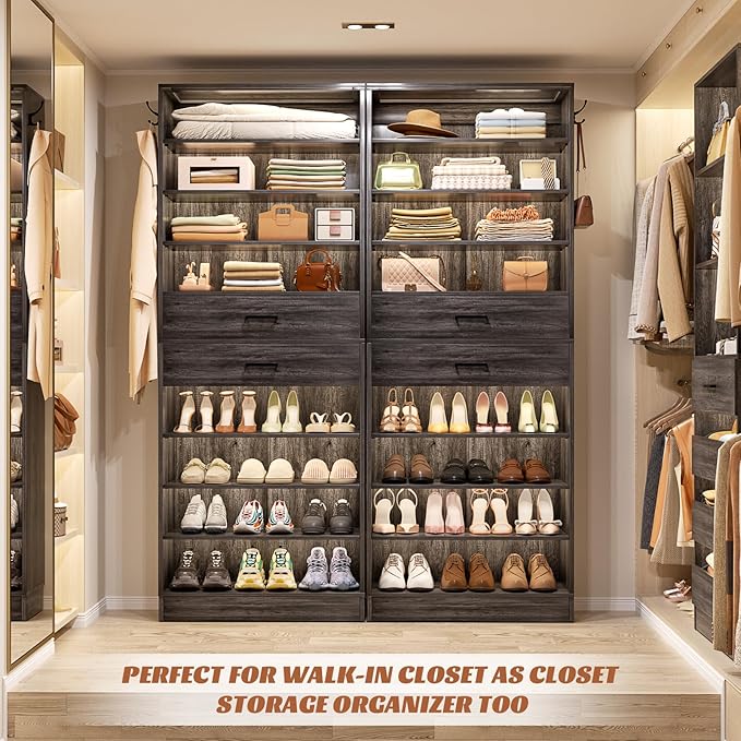 Aheaplus Tall Shoe Cabinet, 10 Tiers Wood Shoe Rack, Vertical Shoe Storage Organizer with 2 Drawers, Narrow Shoe Shelf Tower for 24-28 Pairs, Space Saving, for Closet, Entryway, Bedroom, Black Oak