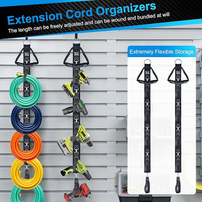 Extension Cord Organizer Holder 2-Pack 5 Detachable Straps, Cable Management, Cord Storage Organizer for Dual Hanging Modes, Heavy Duty Hook for Garage, Garden, Workshop, School