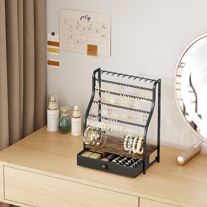 SWTYMIKI Earring Holder Organizer - Jewelry Organizer Stand with Necklace Hooks, Watch Rods, Nonwoven Drawer, Large Capacity Jewelry Display for Stud Earring Bracelet Necklace Ring, Espresso
