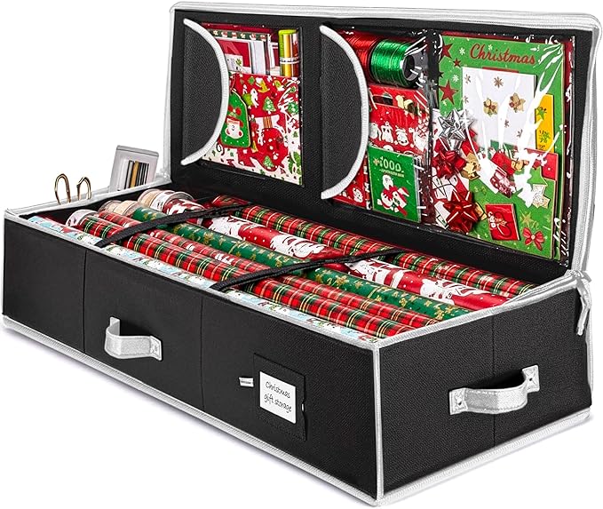 ZOBER Gift Wrapping Paper Organizer Storage - 40" Gift Wrap Storage Containers with Interior Pockets for Bows, Tags & Ribbons - Wrapping Paper Holder, 600D Oxford, Fits 24 Standard Rolls, Black/White