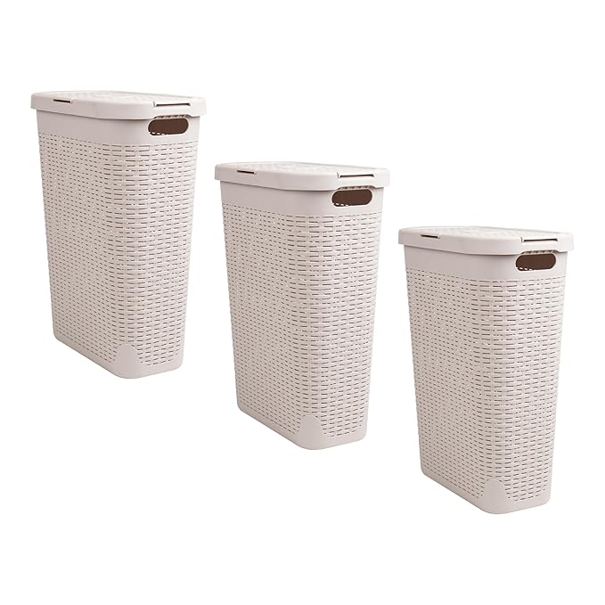 Mind Reader 40L Slim Laundry Hamper, Clothes Basket, Lid, Premium Wicker Design, Plastic, Set of 3, Ivory