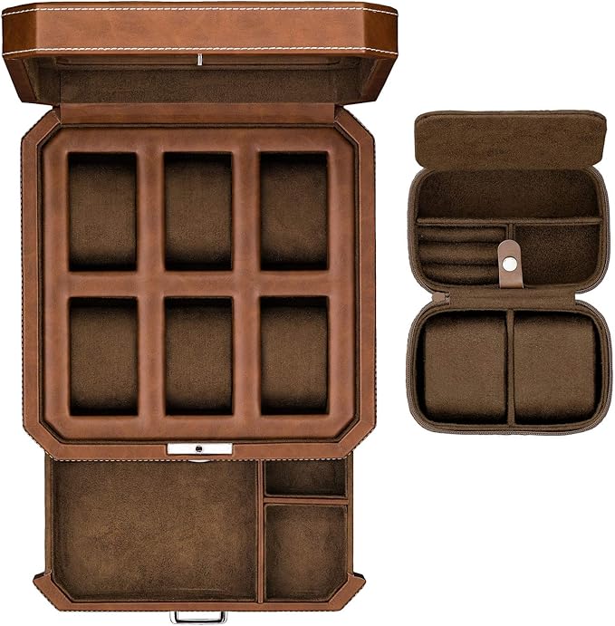 Gift Set 6 Slot Leather Watch Box with Valet Drawer - Luxury Watch Case Display Organizer, Microsuede Liner, Locking Jewelry Box, Mens Storage Boxes Holder Large Glass Top (Tan/Brown Gift Set)