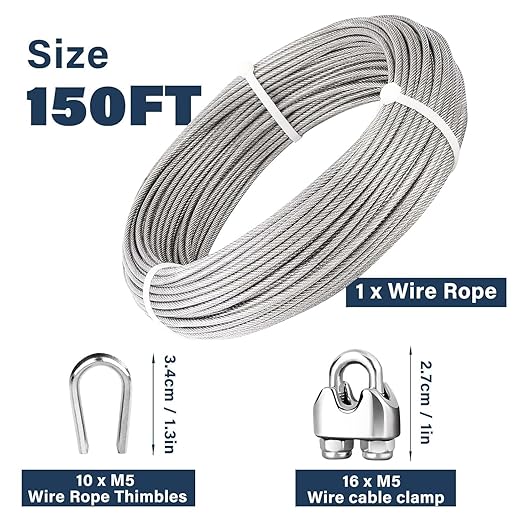 3/16 Wire Rope, 150ft Stainless Steel Cable with Wire Rope Clamps & Thimble, 3700lbs Breaking Strength, 7X19 Strands Aircraft Cable for Zipline, Deck Railing, Clothesline