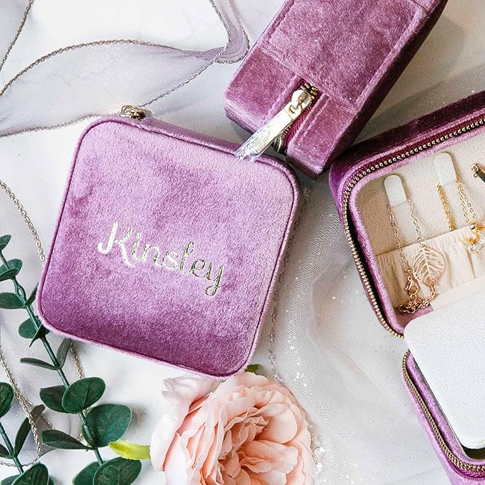Customizable Compact Velvet Jewelry Box with Mirror, Travel Jewelry Case, Travel Jewelry Organizer, Jewelry Box for Women and Girls, Small Jewelry Organizer (Center Text, Mulberry)