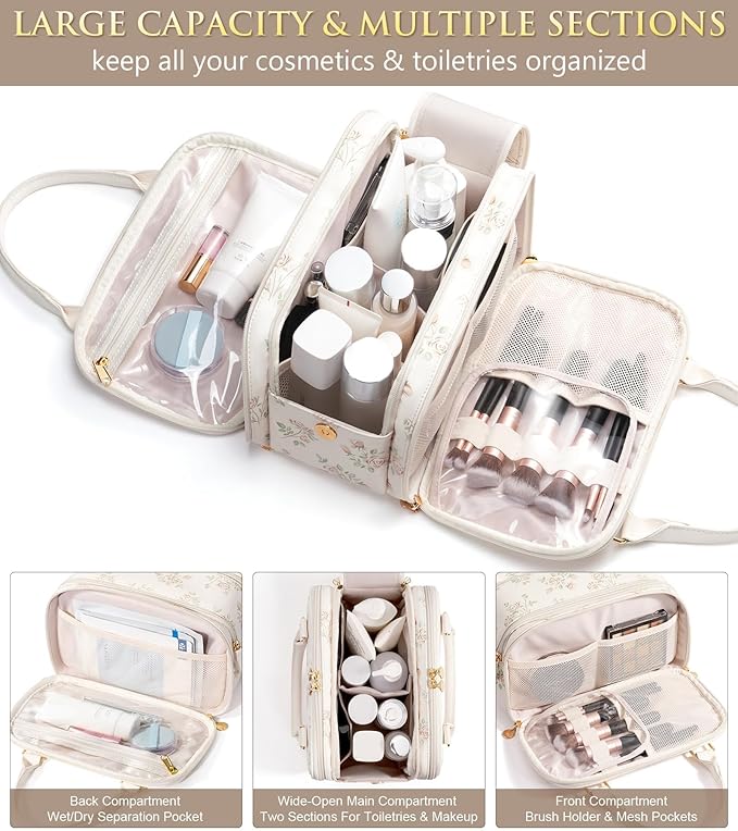 Travel Makeup Bag, Large Capacity Quilted Toiletry Bag for Women Stand-up Cosmetic Bag Open Flat Make Up Case Organizer Portable Pouch Purse w/Handle for Traveling Accessories Beige Floral