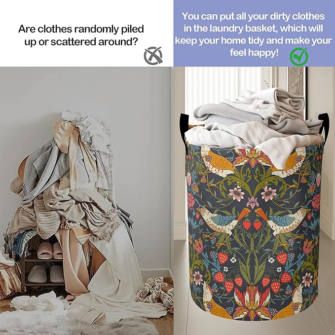 Laundry Basket, William Morris Floral Oxford Cloth Laundry Hamper With Handle Foldable Portable Clothes Storage Basket Storage Bag For Laundry Room/Bathroom/Bedroom/Dormitories
