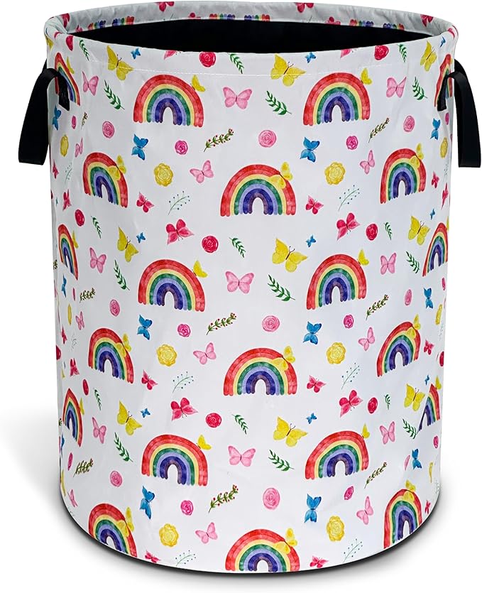 Rainbow Butterfly Laundry Basket Cartoon Oxford Cloth Laundry Hamper Funny With Handle Foldable Portable Clothes Storage Basket 18.9 X 16.5 In Storage Bag For Laundry Room/Bathroom/Bedroom/Dormitories