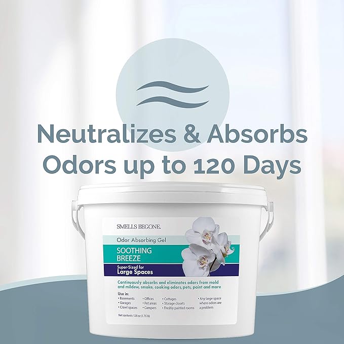 SMELLS BEGONE 1-Gallon Gel Odor Eliminator – High-Capacity, Long-Lasting Absorber for Large Basements, Garages, Workshops & Commercial Areas – Removes Tough Odors with Essential Oils (Soothing Breeze)