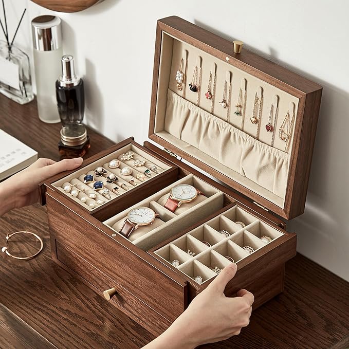 CHOSIN Black Walnut Wooden Jewelry Box for Women, 3 Level Multi-functional Drawer Organizer Box Watch Necklace Ring Earring Storage Valentine's Day Gifts
