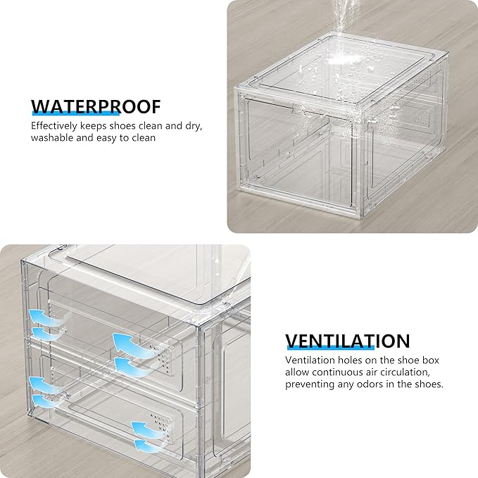 12 Pack Hard Sturdy Thickened Rigid XX Large Shoe Storage Organizer for Closet, Clear Stackable Sneaker Shoe Boxes Rack Containers Display Case Bins with Lids, White