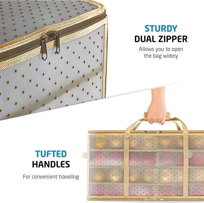 ZOBER Christmas Ornament Storage Box Plastic - Stores 128 3" Ornaments with Individual Trays - Ornament Organizer Storage Box, Durable Christmas Containers Holder - Gold